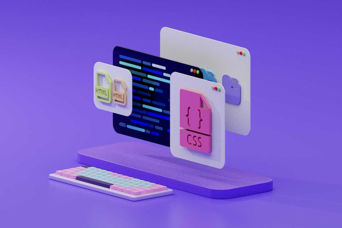 3D blocks with htmls, css and js in front of a screen on a violet background