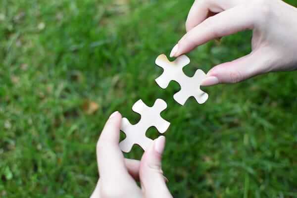 two pieces of puzzle with a grass background